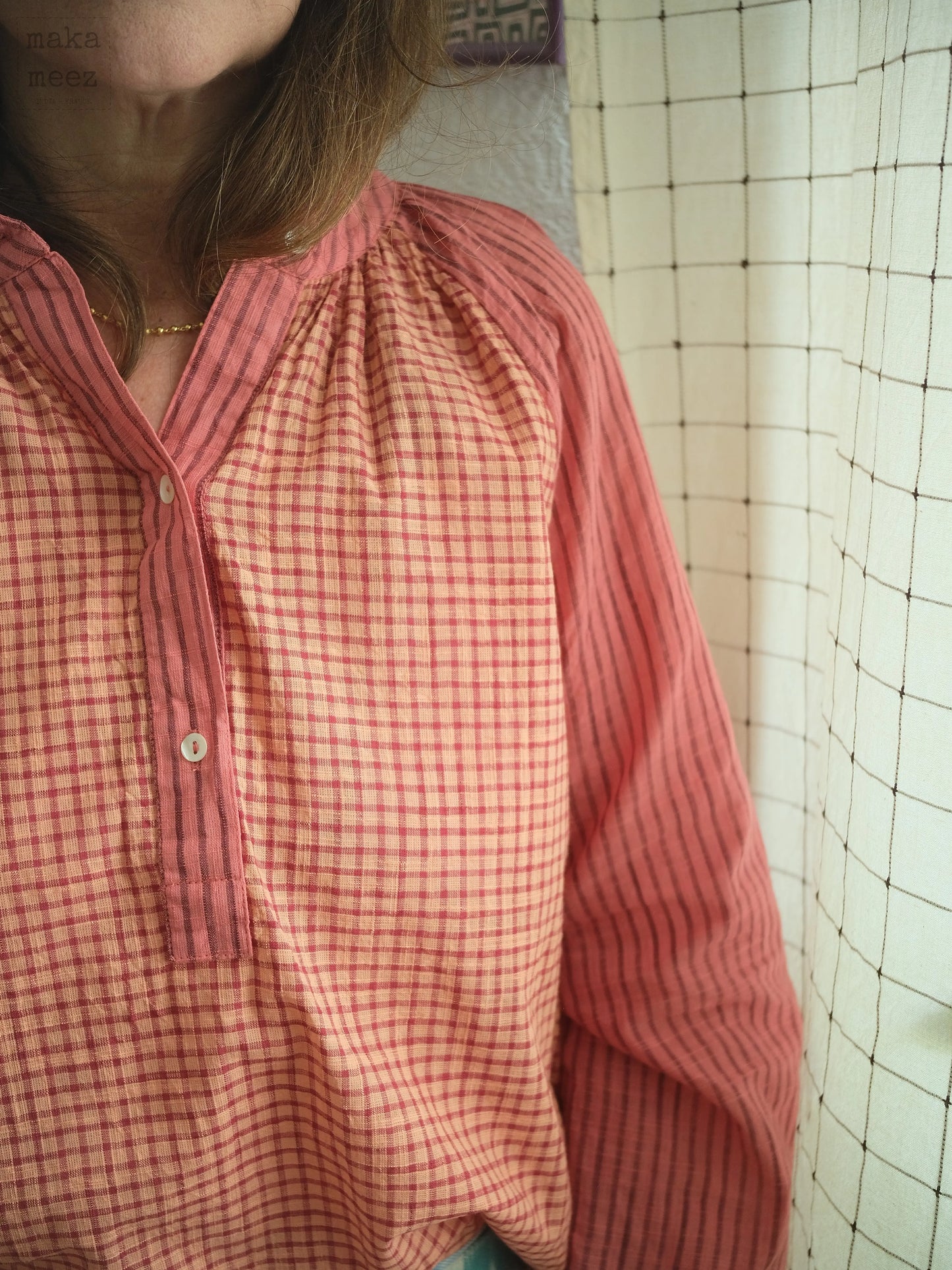 Blouse KATI 2.0 Khadi carreaux et rayures rose Makameez