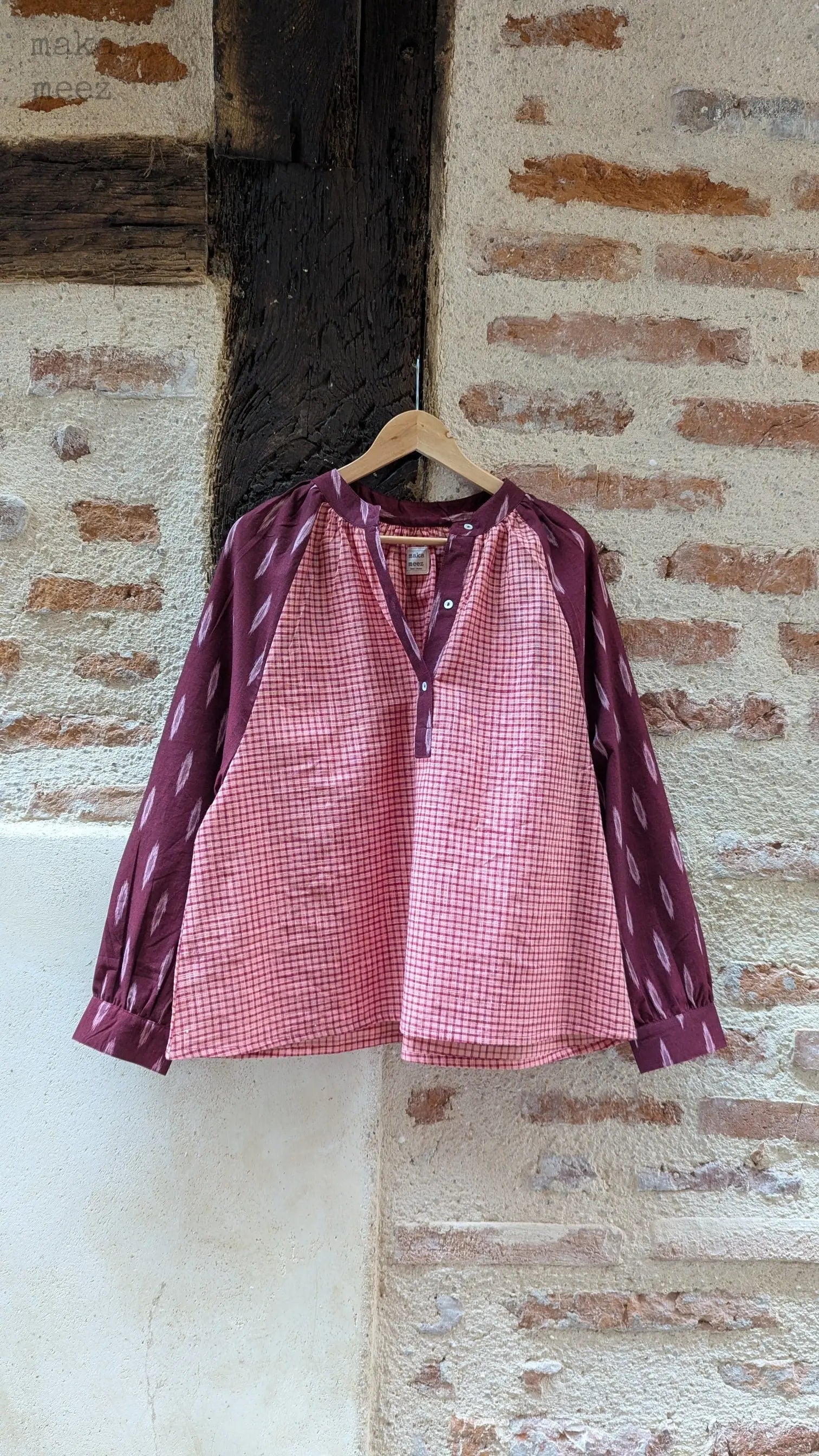 Blouse khadi carreaux roses et ikat    makameez